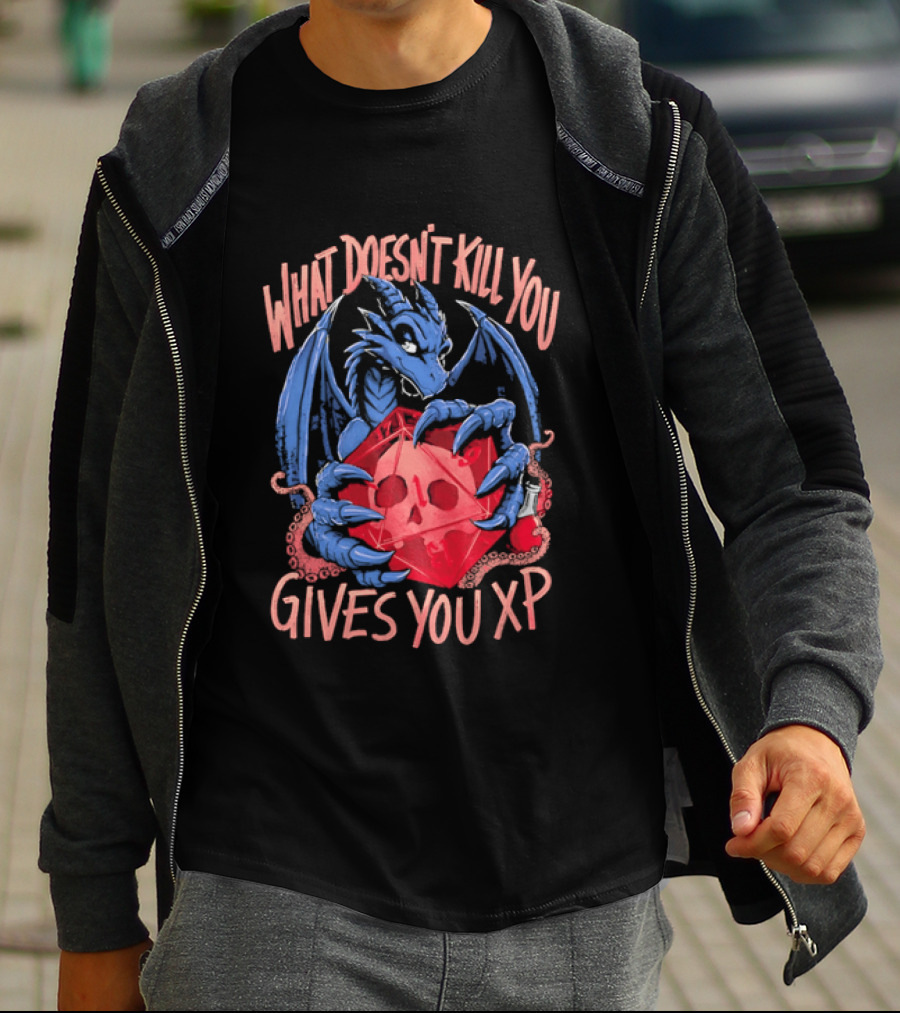 What Doesn't Kill You Gives You XP Blue Dragon Holding Red D20 Skull T-Shirt