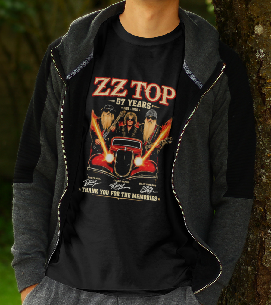 ZZ Top 57 Years 1969 2026 Dusty Hill Franc Beard Billy Gibbons Thank You For The Memories Classic Car And Guitars T-Shirt