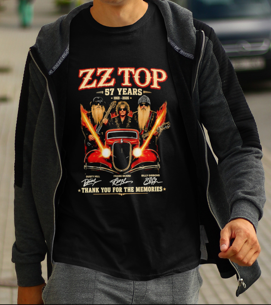 ZZ Top 57 Years 1969 2026 Dusty Hill Franc Beard Billy Gibbons Thank You For The Memories Classic Car And Guitars T-Shirt