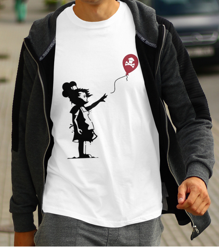 Baker Reaching For Cupcake And Crossbones Balloon Black Silhouette On Red T-Shirt