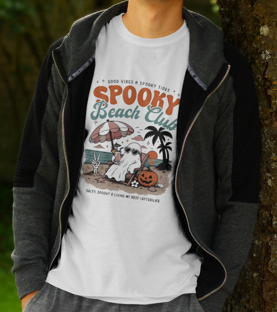 Good Vibes & Spooky Tides Spooky Beach Club Salty Spooky & Living My Best Afterlife T-Shirt
