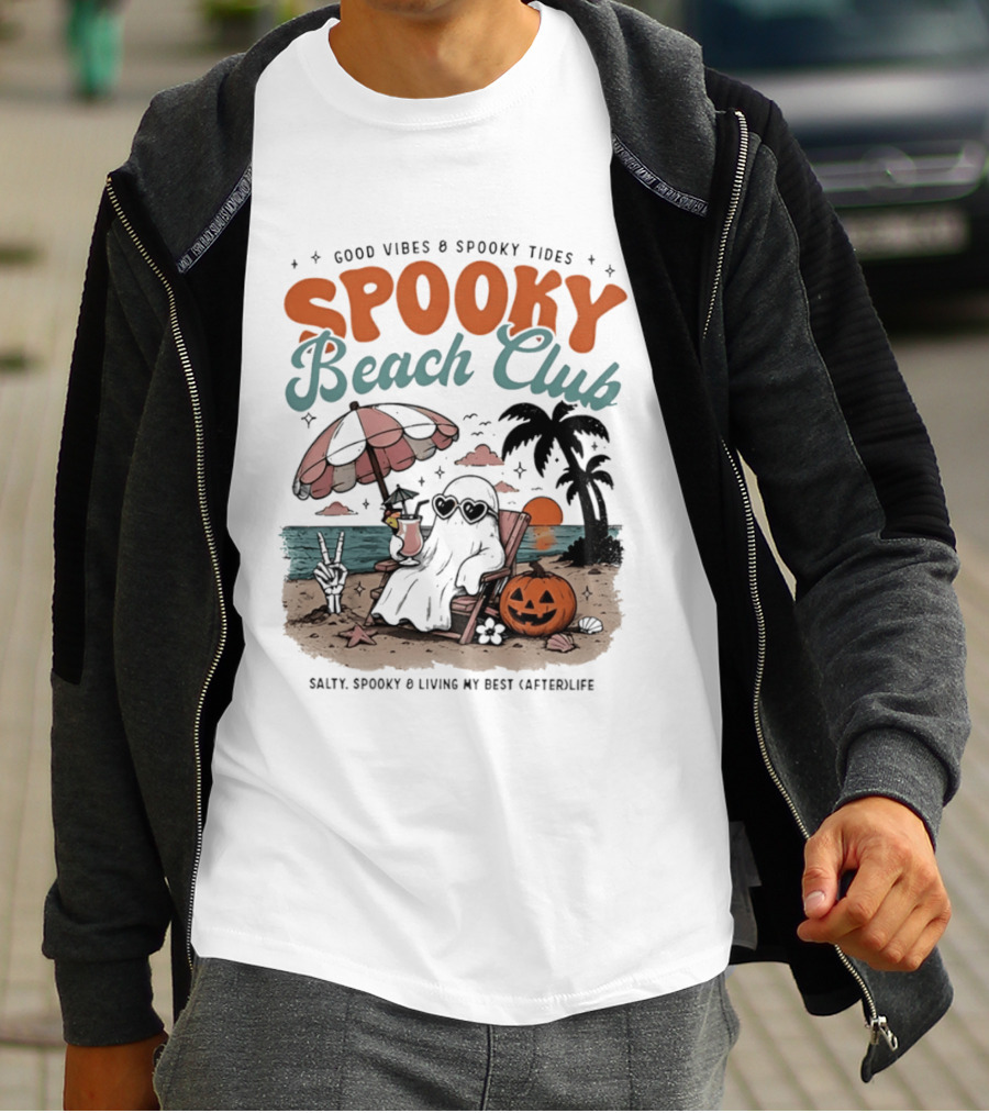 Good Vibes & Spooky Tides Spooky Beach Club Salty Spooky & Living My Best Afterlife T-Shirt