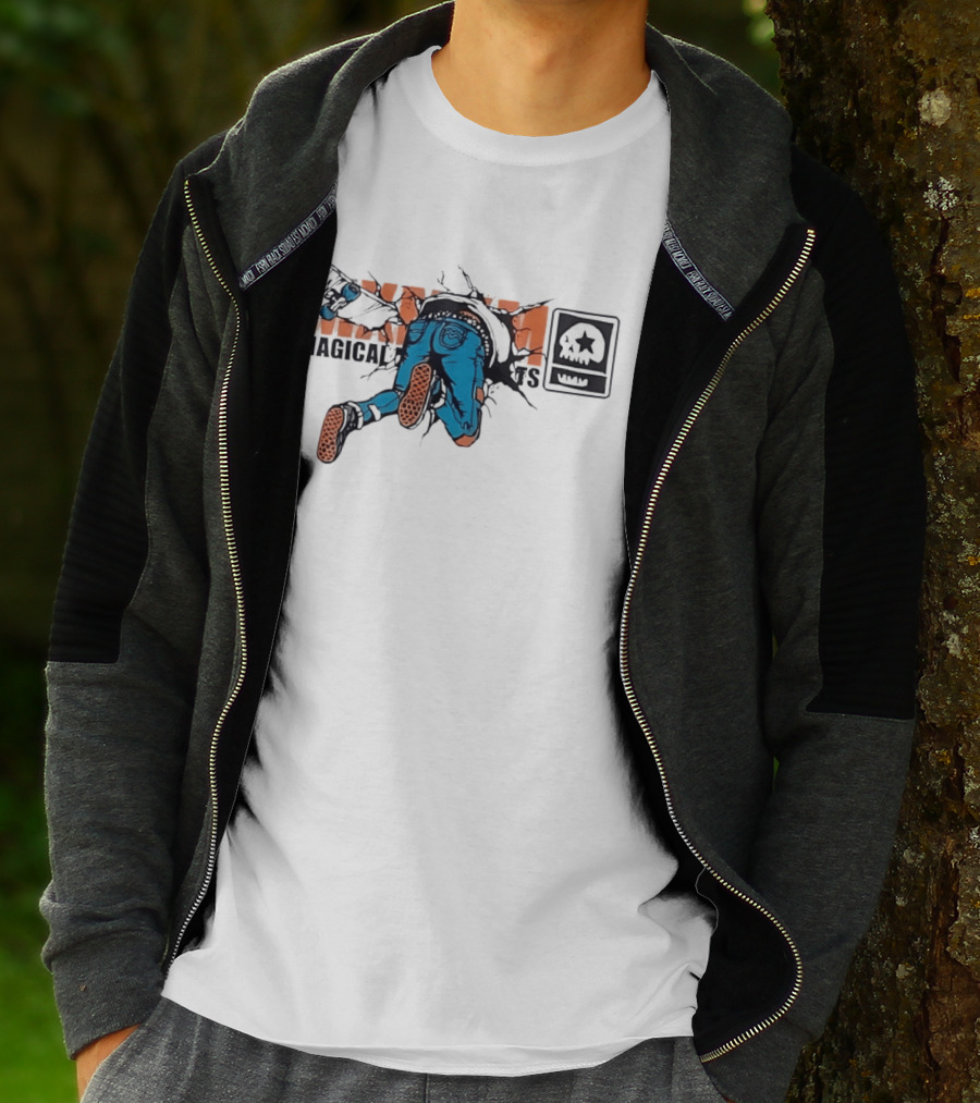 Magical Skateboarder Crashing Through Wall Skull Jeans Brick Wall T-Shirt