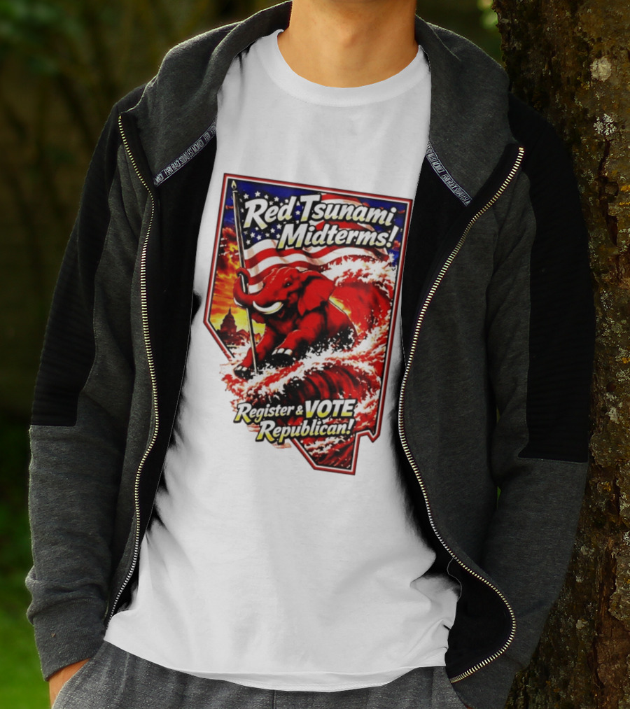 Red Tsunami Midterms Register And Vote Republican Political Elephant With American Flag T-Shirt
