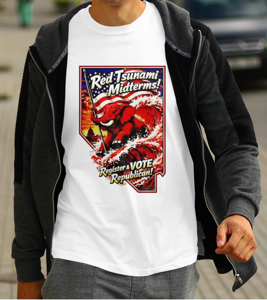 Red Tsunami Midterms Register And Vote Republican Political Elephant With American Flag T-Shirt