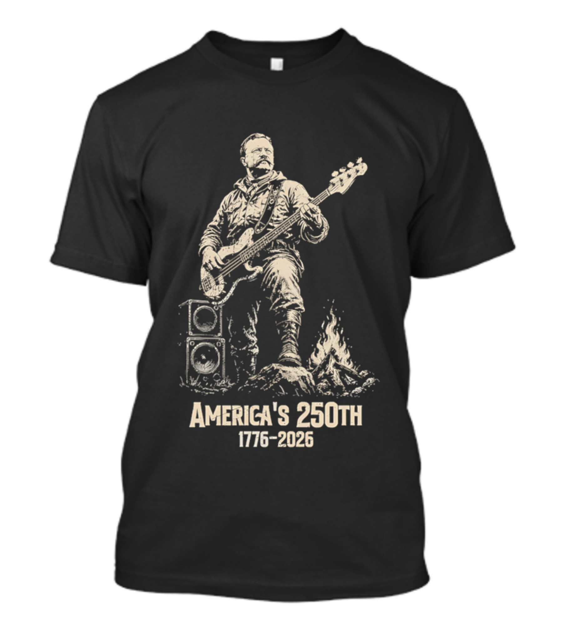 America's 250th 1776 2026 Theodore Roosevelt Bass Guitar Campfire T-Shirt