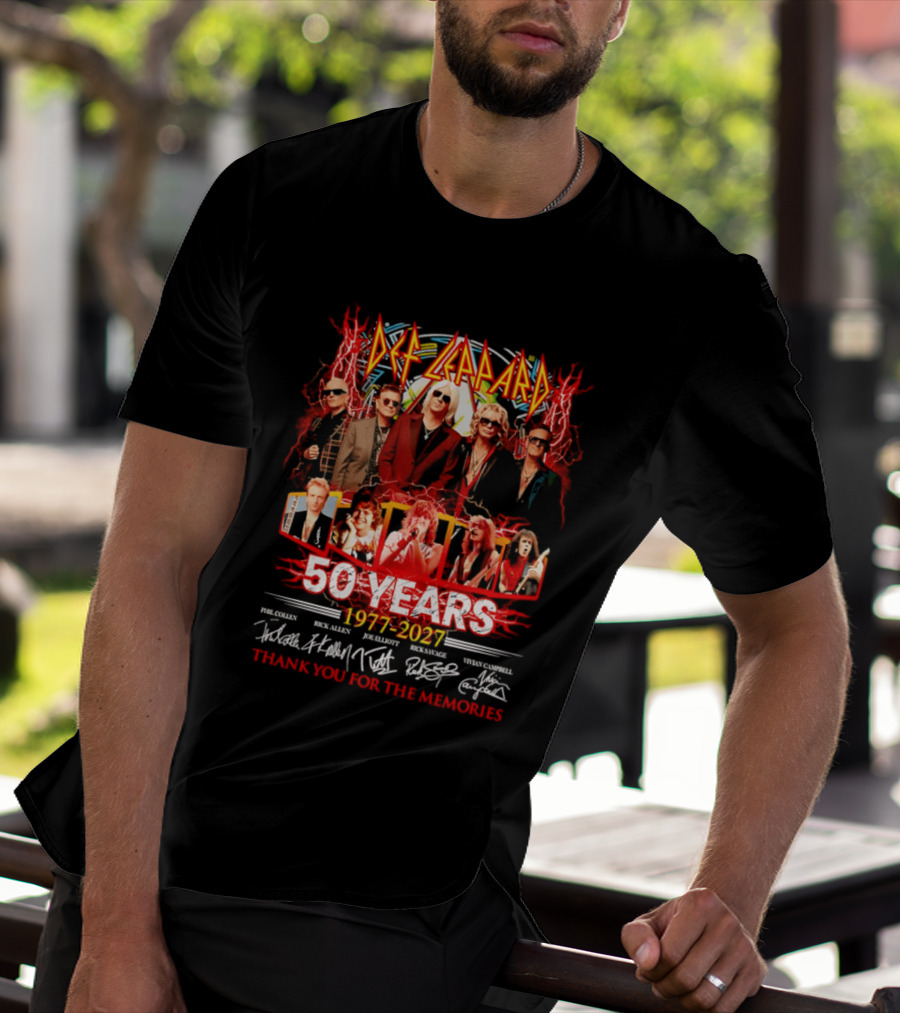 Def Leppard 50 Years 1977 2027 Thank You For The Memories Rock Legends Celebration Autographed Collage T-Shirt