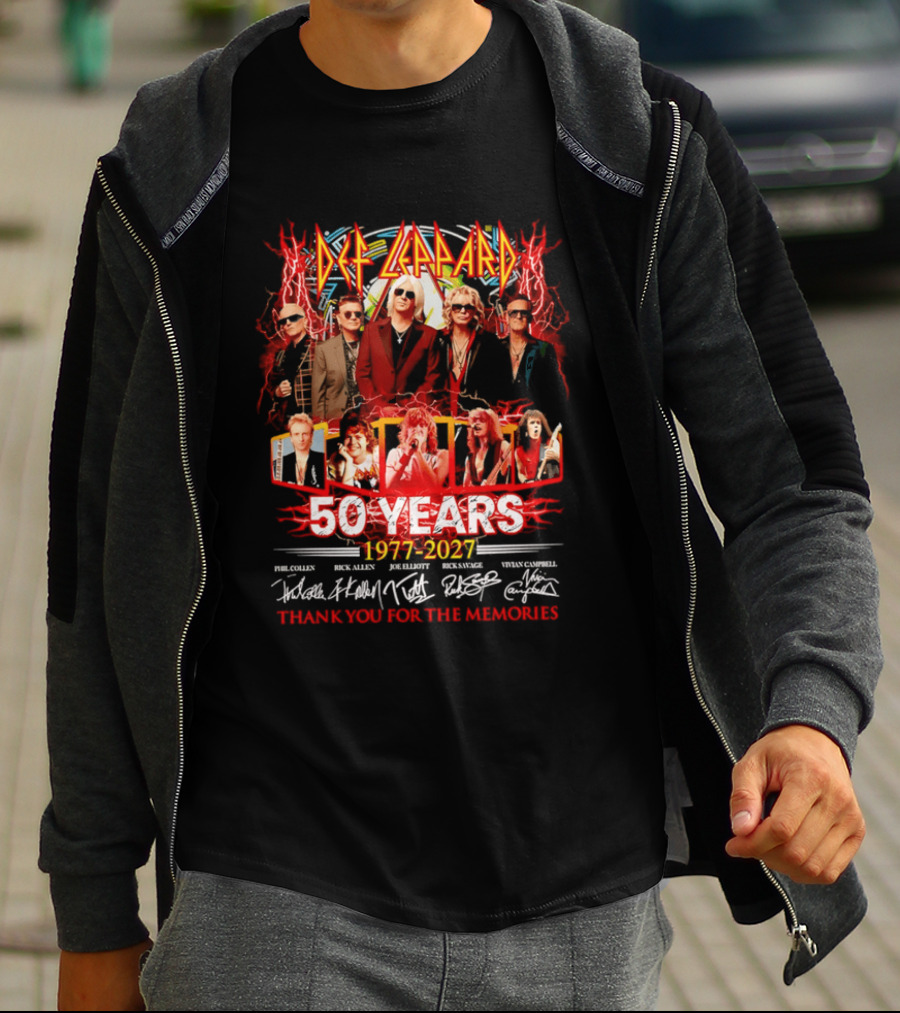 Def Leppard 50 Years 1977 2027 Thank You For The Memories Rock Legends Celebration Autographed Collage T-Shirt