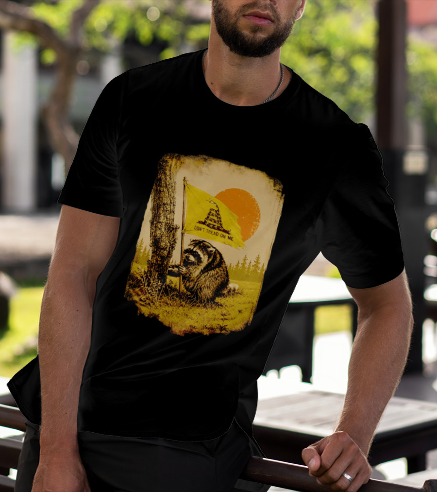 Don't Tread On Me Raccoon Holding Gadsden Flag Rustic Sun T-Shirt