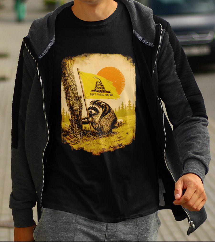 Don't Tread On Me Raccoon Holding Gadsden Flag Rustic Sun T-Shirt