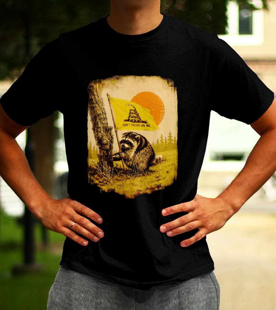 Don't Tread On Me Raccoon Holding Gadsden Flag Rustic Sun T-Shirt