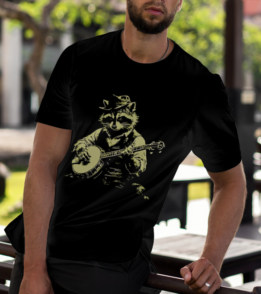 Raccoon Strumming Banjo Wearing Hat And Vest T-Shirt