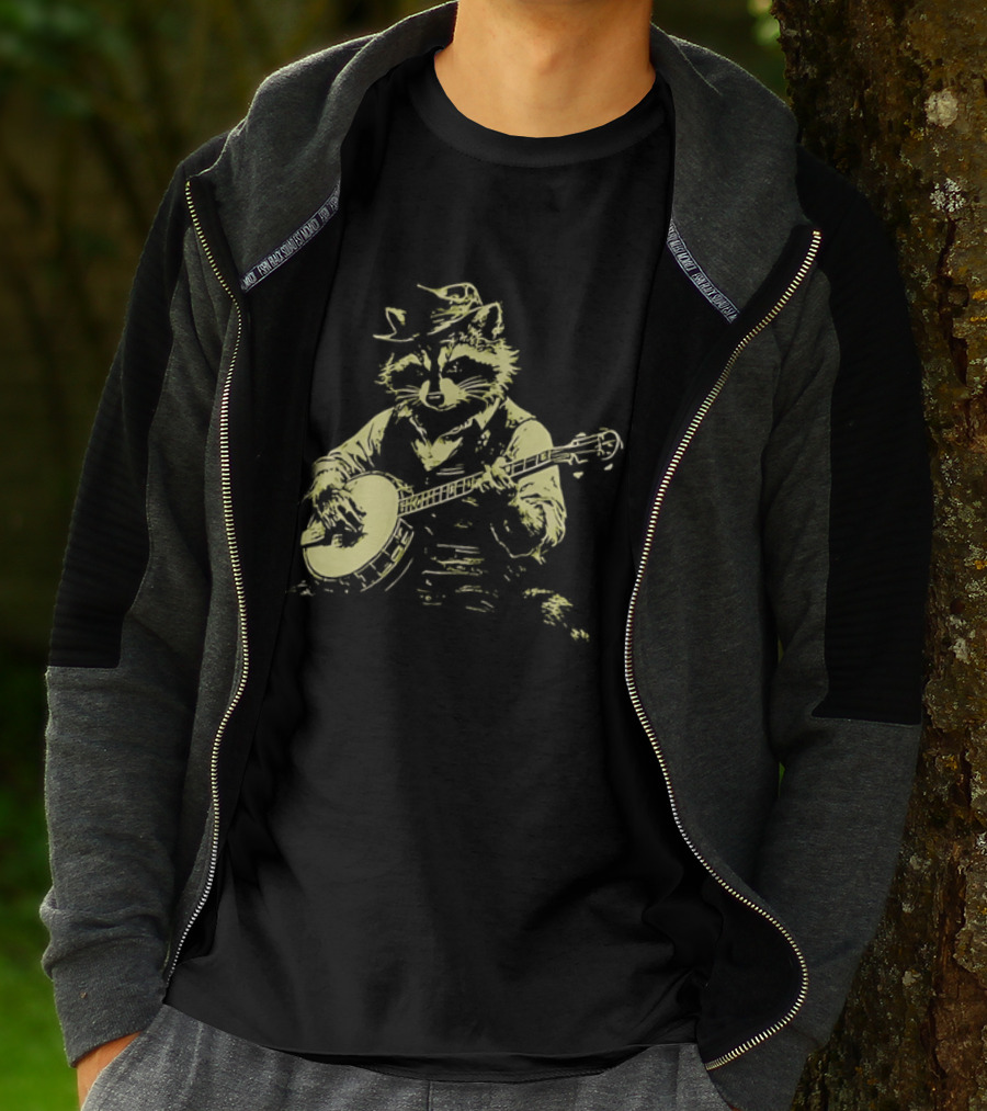 Raccoon Strumming Banjo Wearing Hat And Vest T-Shirt