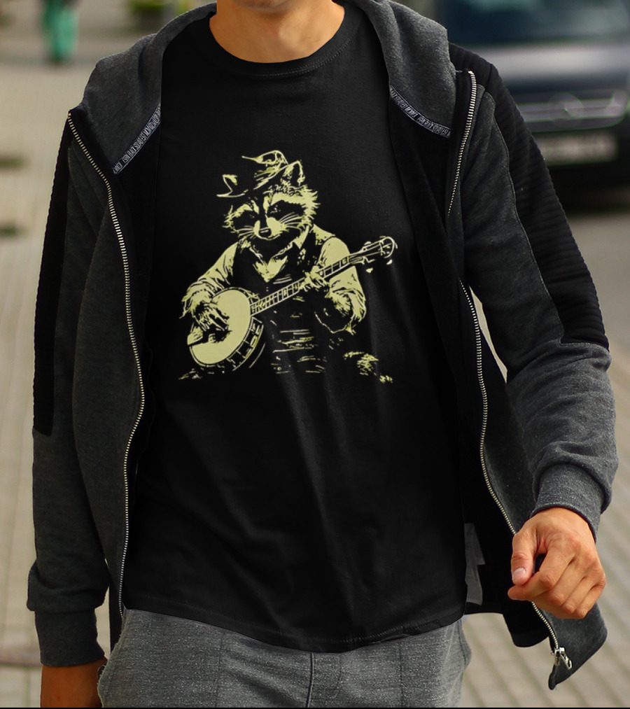 Raccoon Strumming Banjo Wearing Hat And Vest T-Shirt