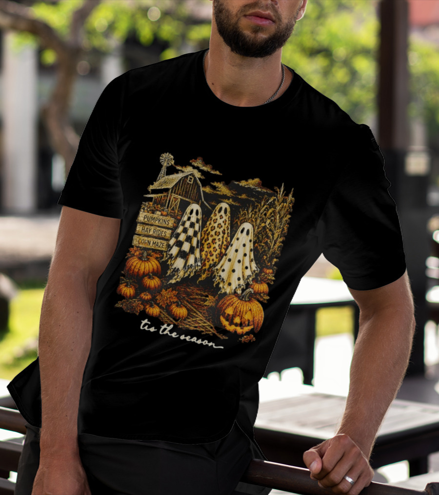 Tis The Season Halloween Ghosts Trio Pumpkins Hay Rides Corn Maze Spooky Autumn T-Shirt