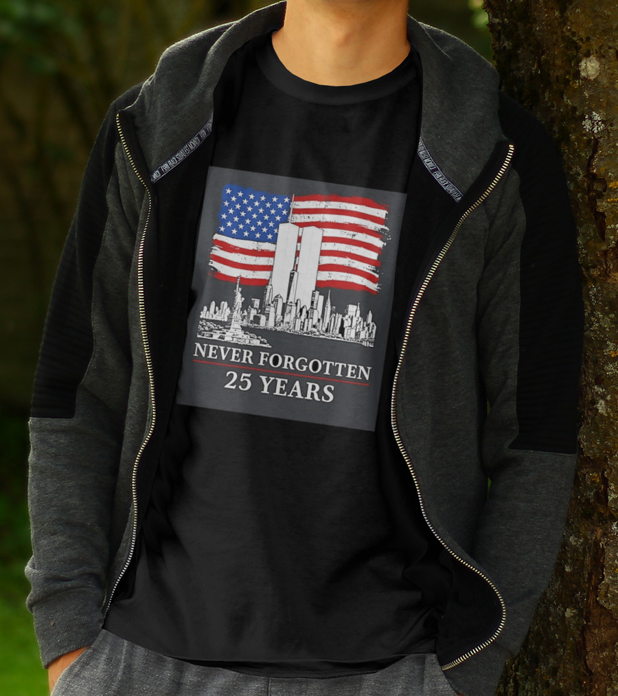 September 11 Twin Towers Memorial New York Never Forgotten 25 Years Anniversary USA Flag Statue Of Liberty T-Shirt