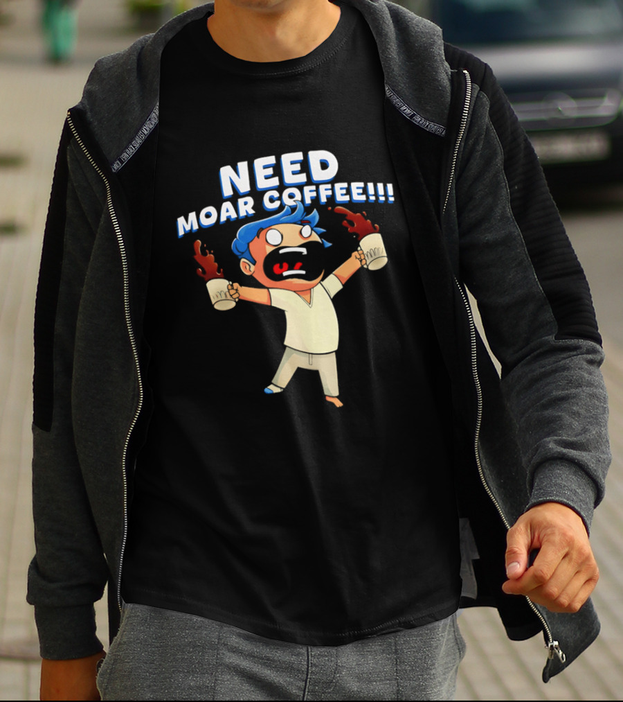 NEED MOAR COFFEE Cartoon Character With Spilled Cups T-Shirt