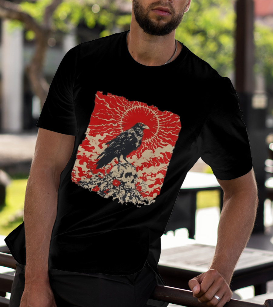 The Crow And The Skull Vintage Gothic Illustration Red Sunburst Mystical T-Shirt