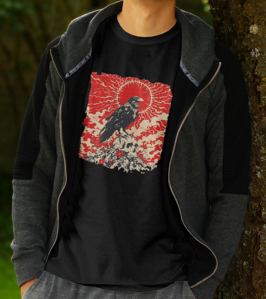 The Crow And The Skull Vintage Gothic Illustration Red Sunburst Mystical T-Shirt