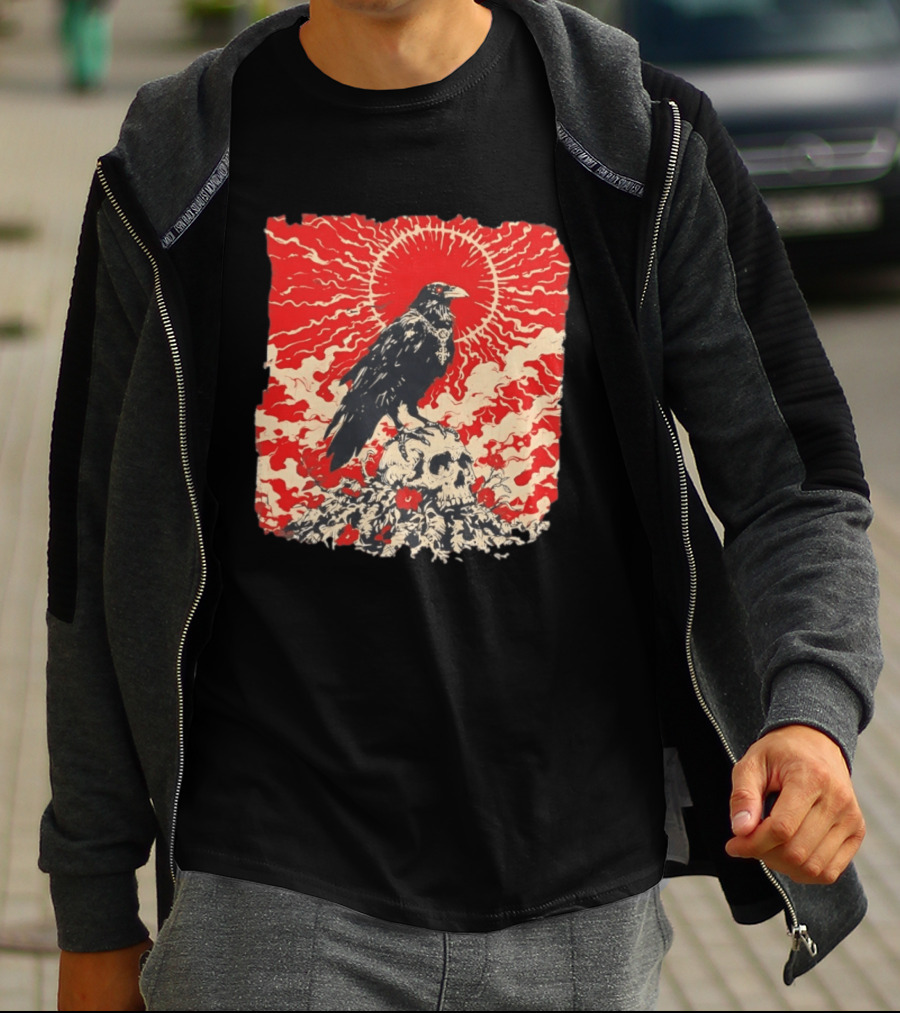 The Crow And The Skull Vintage Gothic Illustration Red Sunburst Mystical T-Shirt