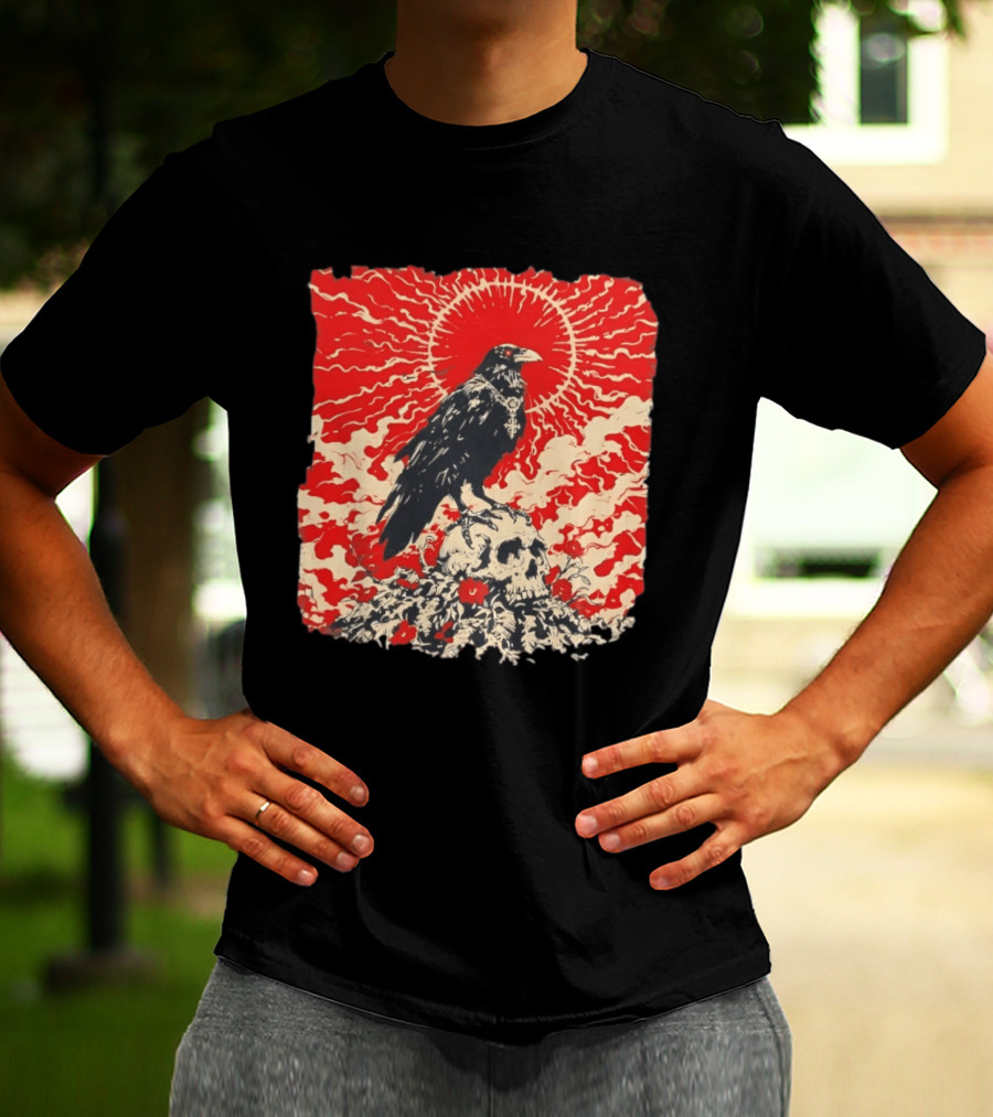 The Crow And The Skull Vintage Gothic Illustration Red Sunburst Mystical T-Shirt