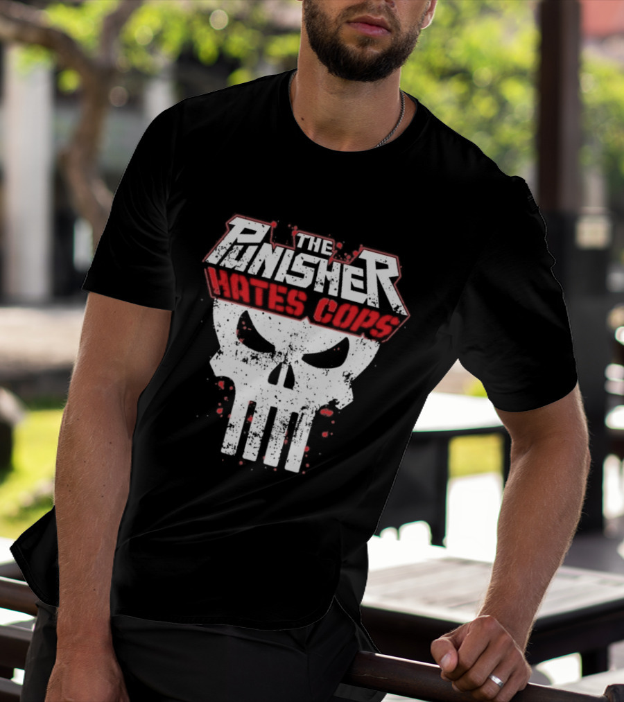 The Punisher Hates Cops Skull Symbol Red White T-Shirt