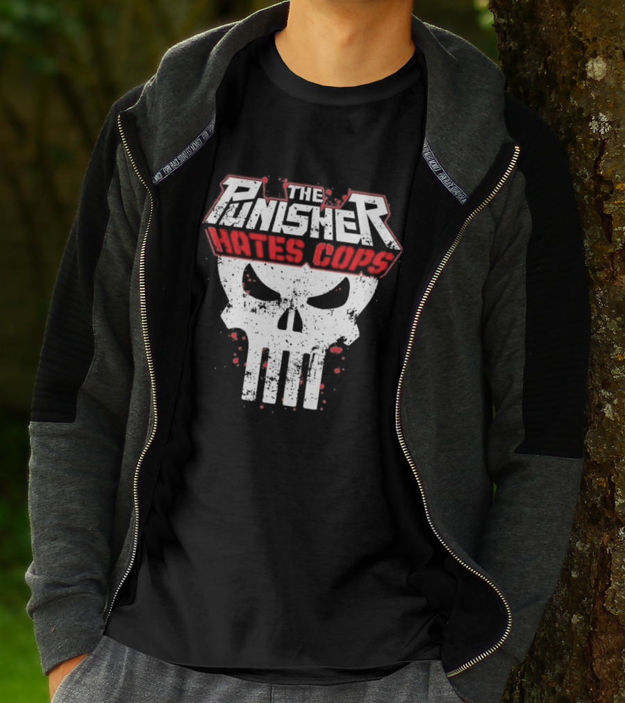 The Punisher Hates Cops Skull Symbol Red White T-Shirt