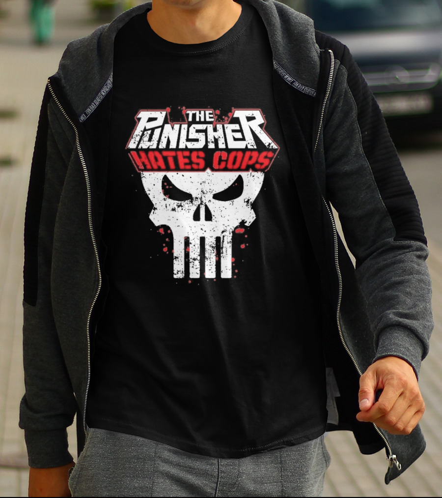 The Punisher Hates Cops Skull Symbol Red White T-Shirt
