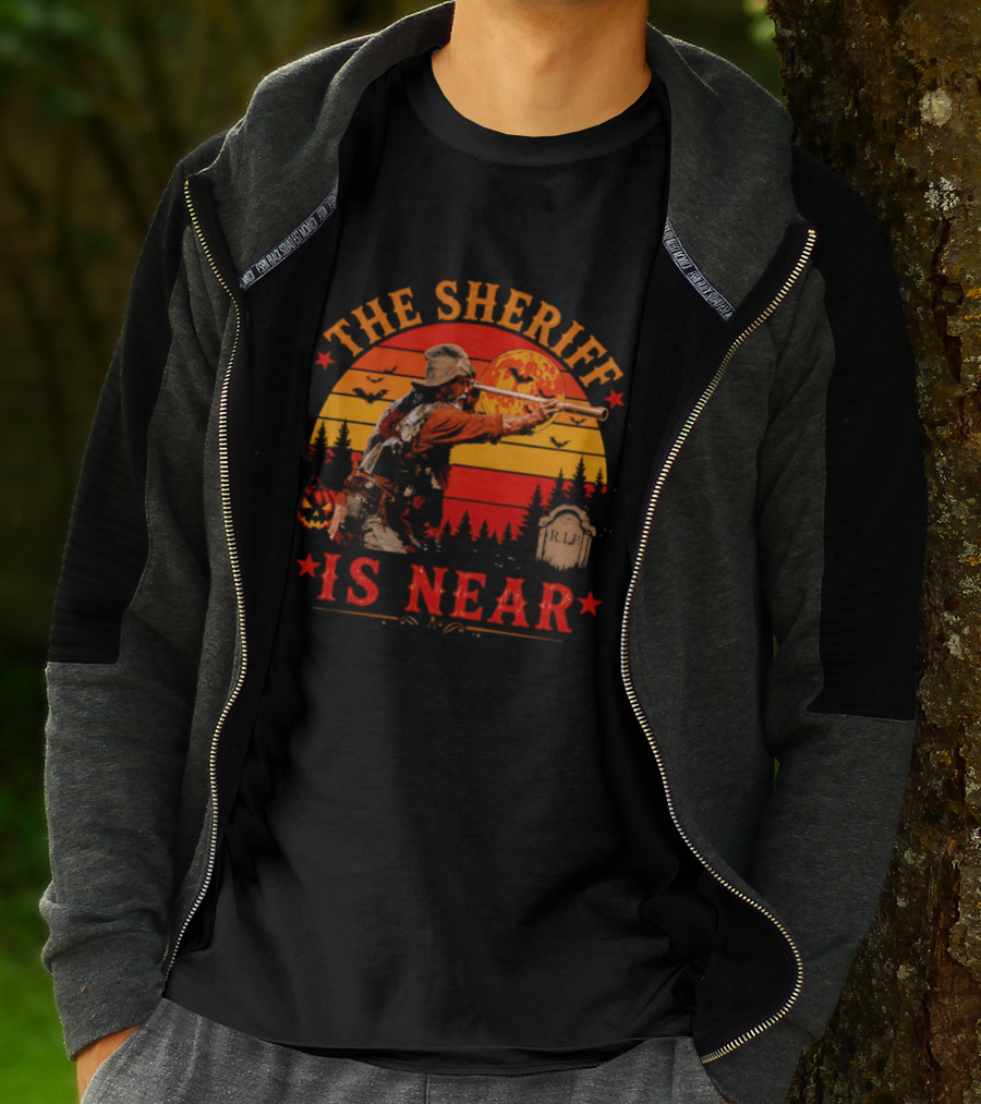 The Sheriff Is Near Halloween Cowboy Full Moon Tombstone Pumpkin Bats T-Shirt