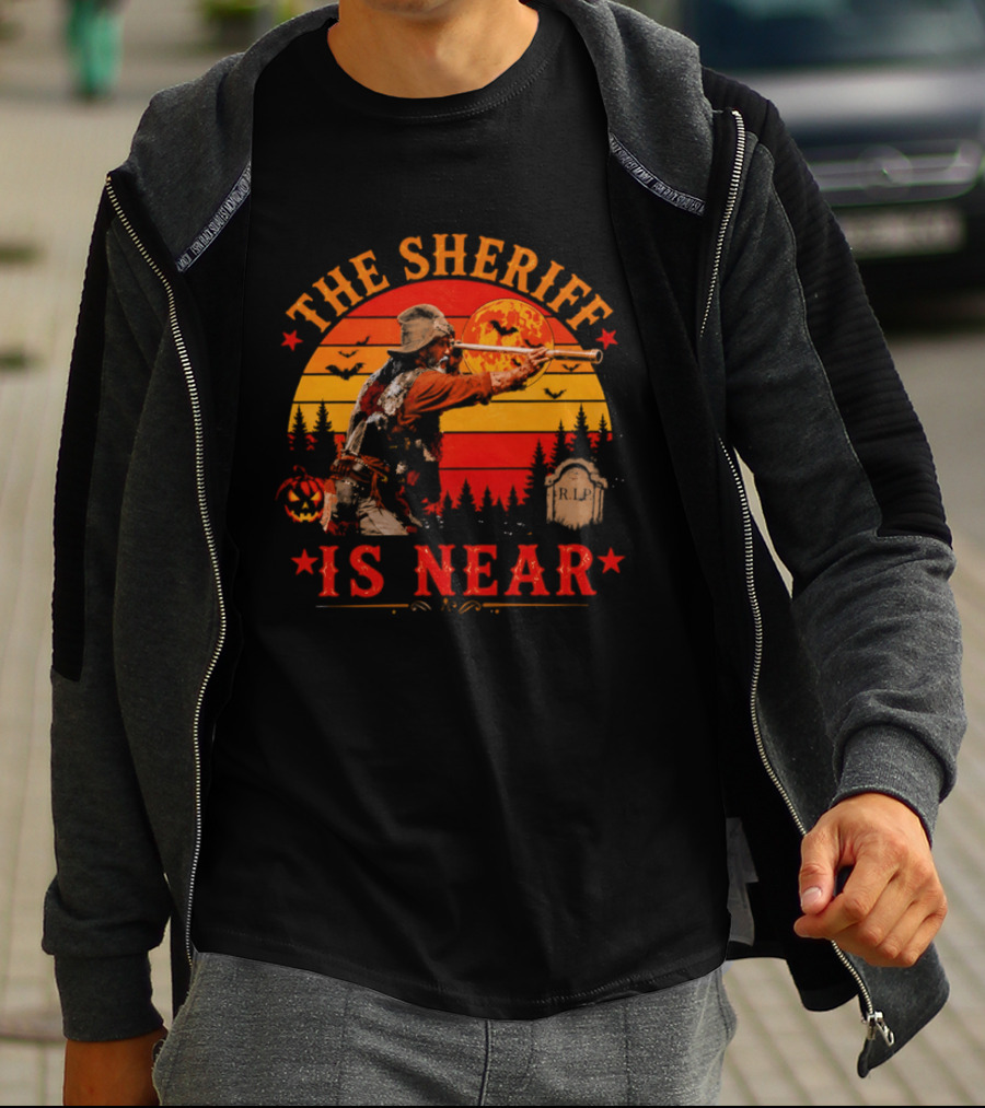 The Sheriff Is Near Halloween Cowboy Full Moon Tombstone Pumpkin Bats T-Shirt