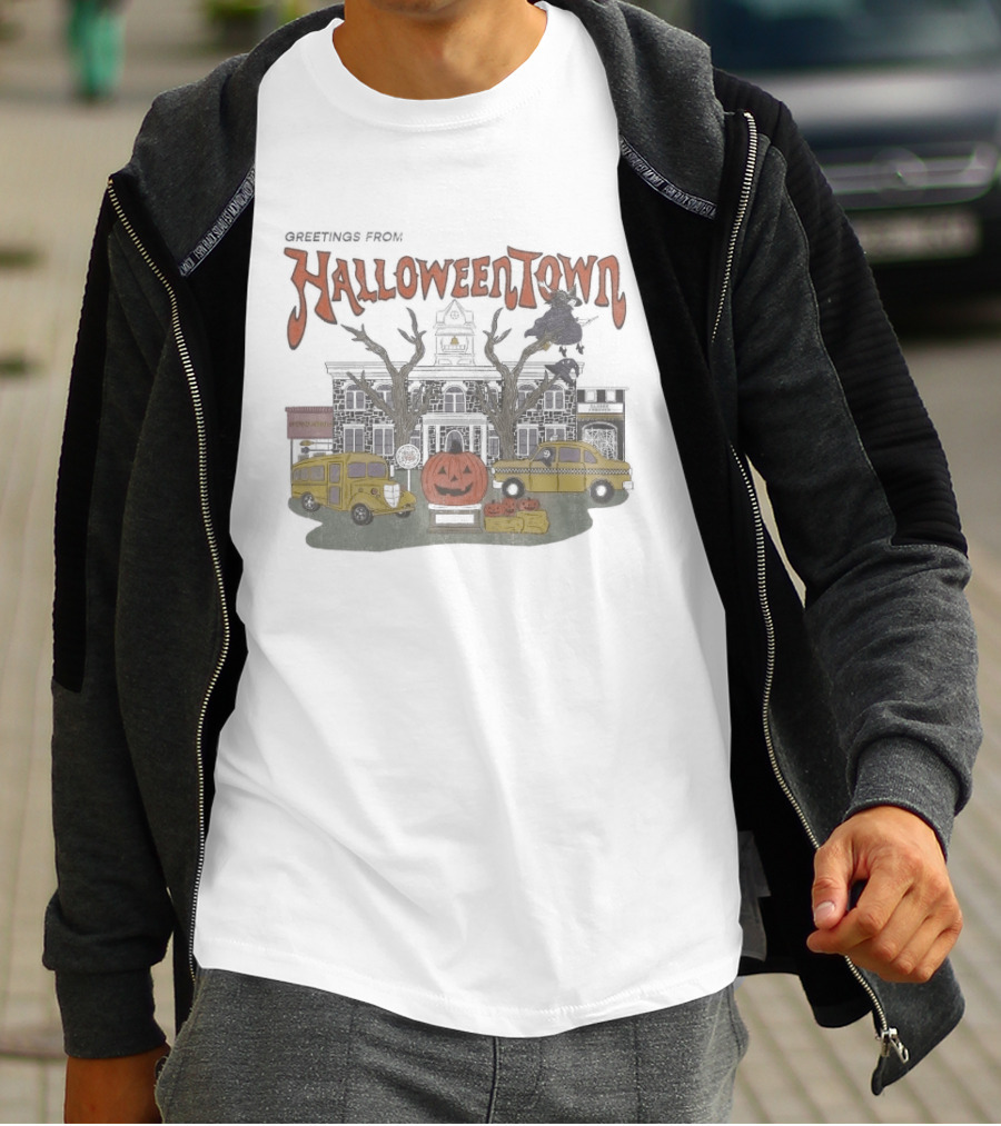 Greetings From Halloweentown Spooky Pumpkin Taxi Bus Haunted House Scene T-Shirt