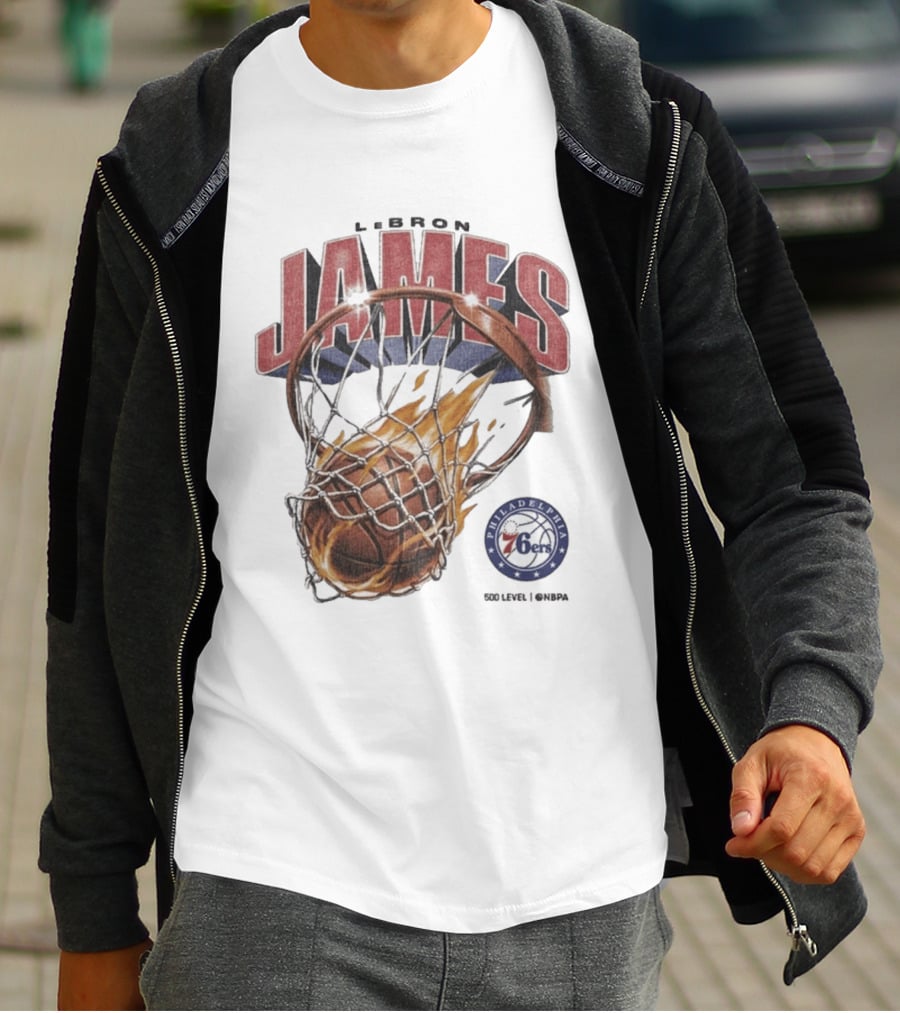 LeBron James Philadelphia 76ers Basketball Hoop Fire NBA 90s T-Shirt