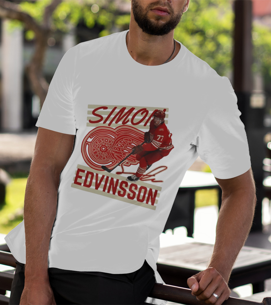 Simon Edvinsson 77 Detroit Red Wings Signature Hockey T-Shirt