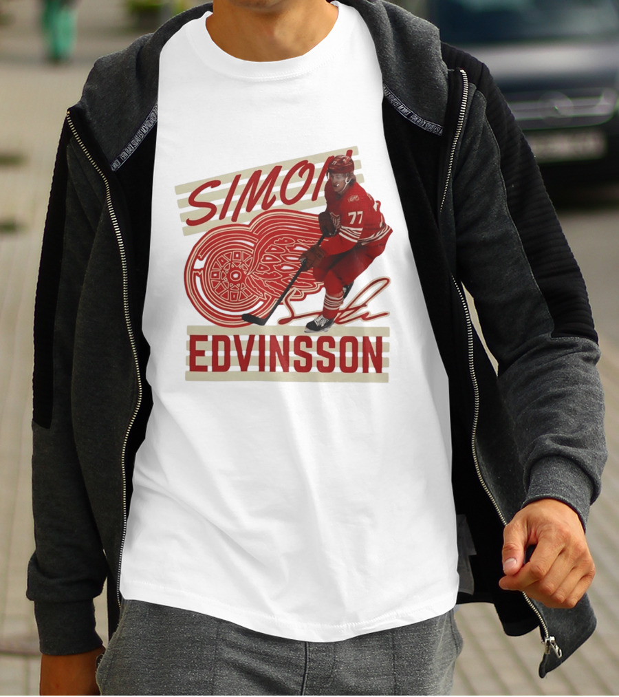 Simon Edvinsson 77 Detroit Red Wings Signature Hockey T-Shirt