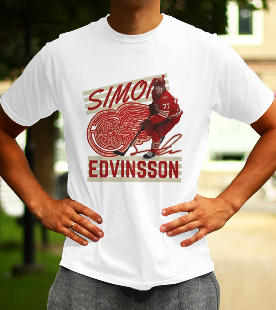 Simon Edvinsson 77 Detroit Red Wings Signature Hockey T-Shirt
