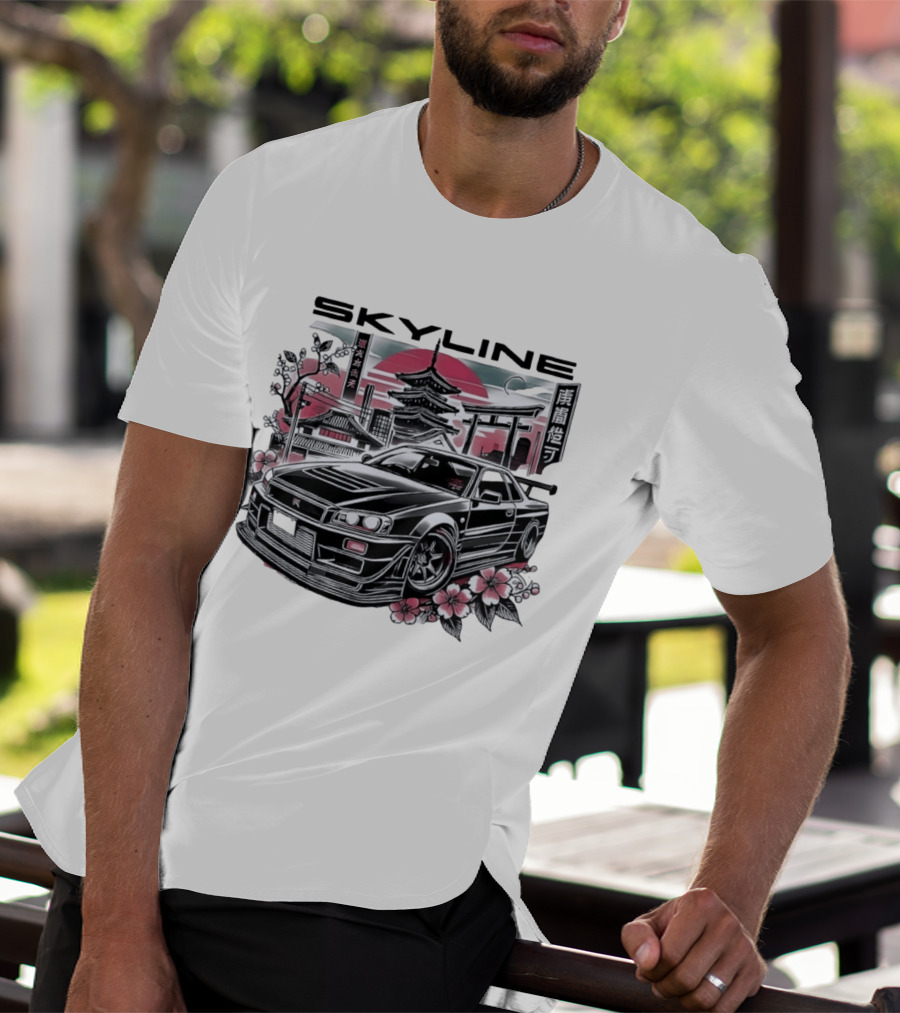 Skyline Japanese Cherry Blossom Car Pagoda Sun Blossoms T-Shirt
