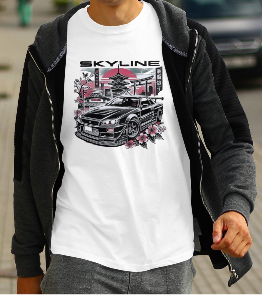Skyline Japanese Cherry Blossom Car Pagoda Sun Blossoms T-Shirt