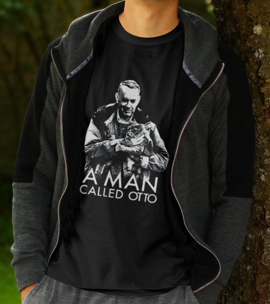A Man Called Otto Holding Cat In Black And White T-Shirt
