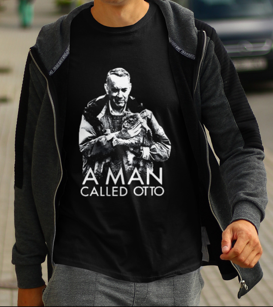 A Man Called Otto Holding Cat In Black And White T-Shirt