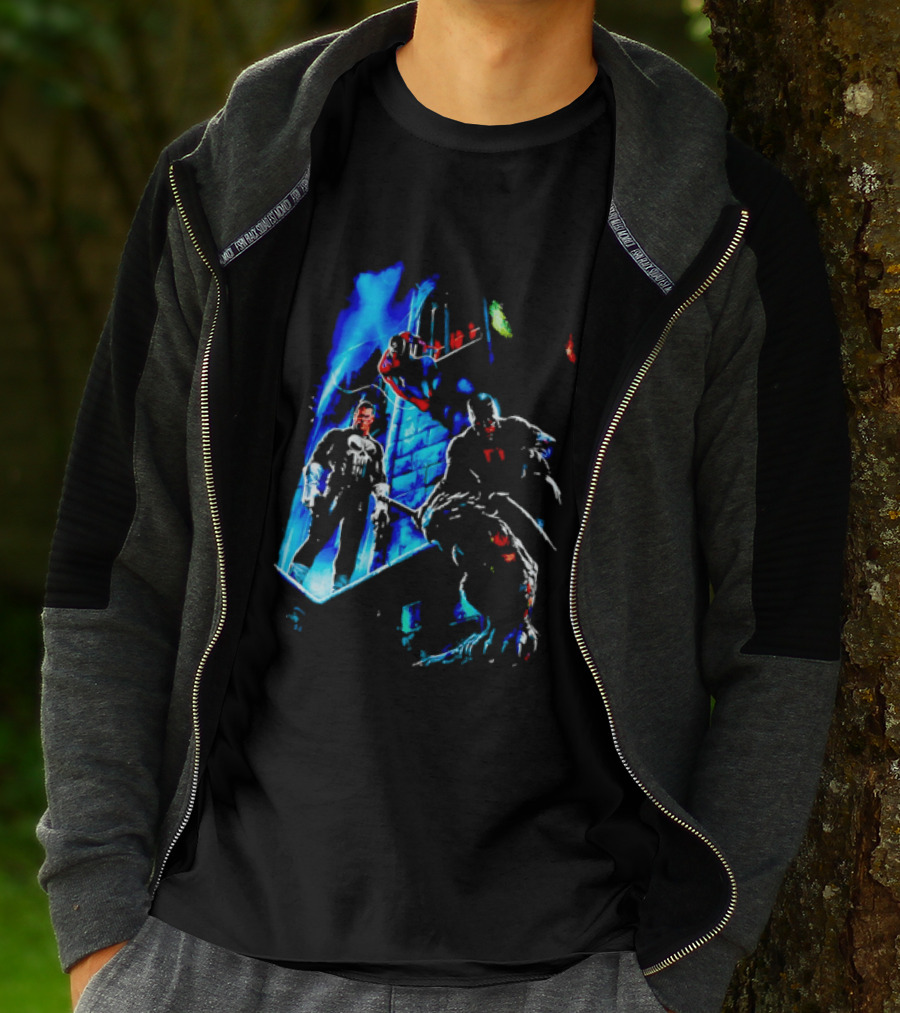 Marvel Comics Vigilante Action The Punisher Spider Man Daredevil Urban Battle Scene T-Shirt