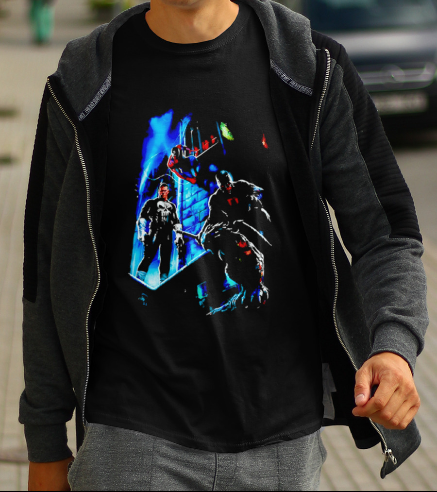 Marvel Comics Vigilante Action The Punisher Spider Man Daredevil Urban Battle Scene T-Shirt