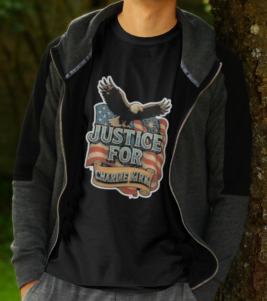 Justice For Charlie Kirk Bald Eagle American Flag Banner T-Shirt