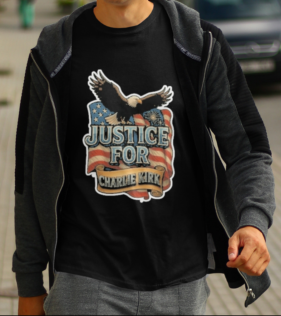 Justice For Charlie Kirk Bald Eagle American Flag Banner T-Shirt