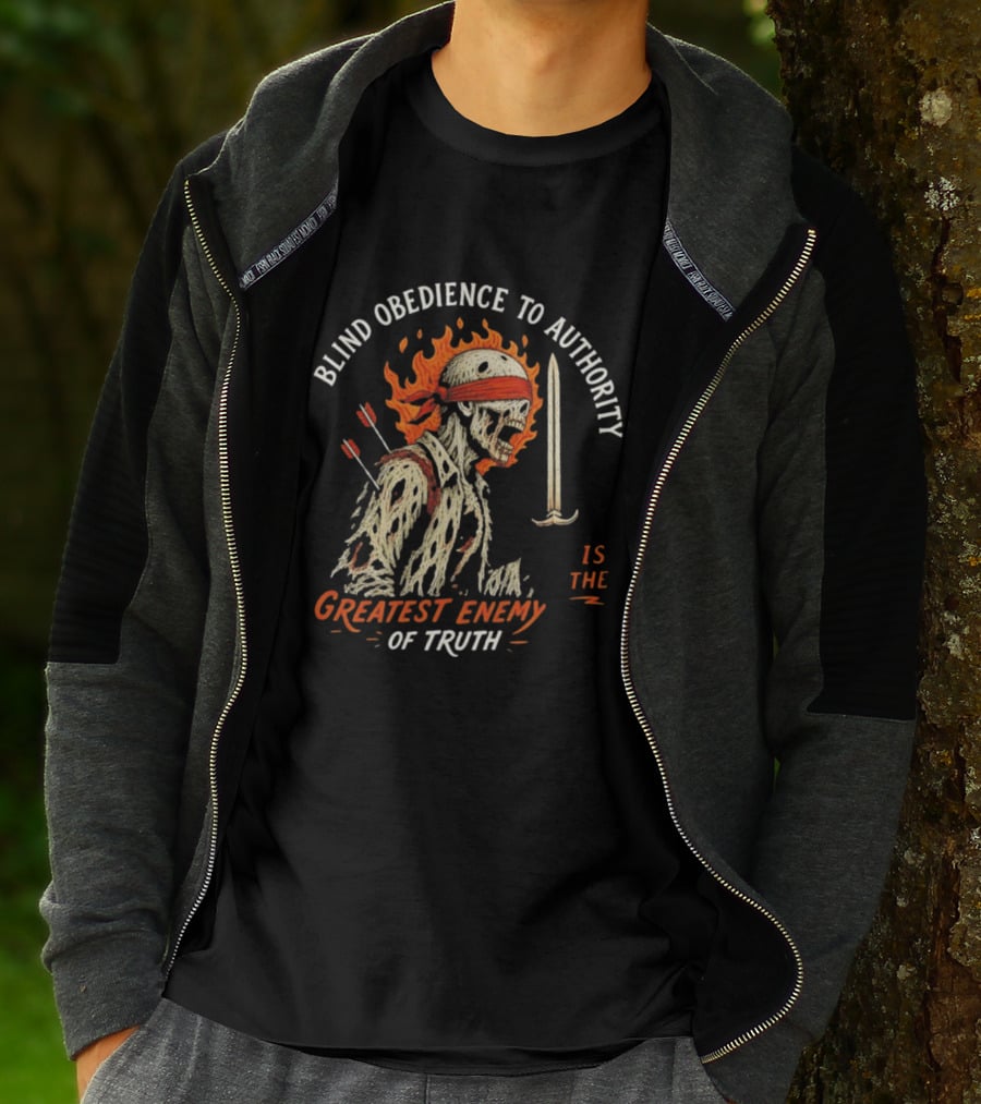 Blind Obedience To Authority Skeleton Warrior Greatest Enemy Of Truth Fiery Bandana Sword Arrows T-Shirt