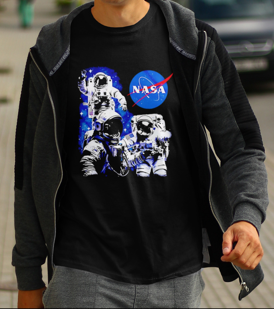NASA Space Exploration Three Astronauts Floating In Deep Space T-Shirt