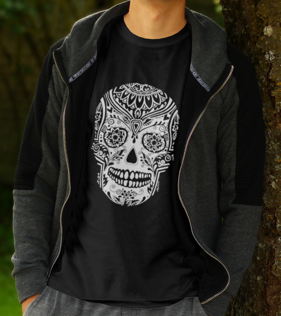 Sugar Skull Artistic Decorative Detailed Black White Intricate Motif T-Shirt