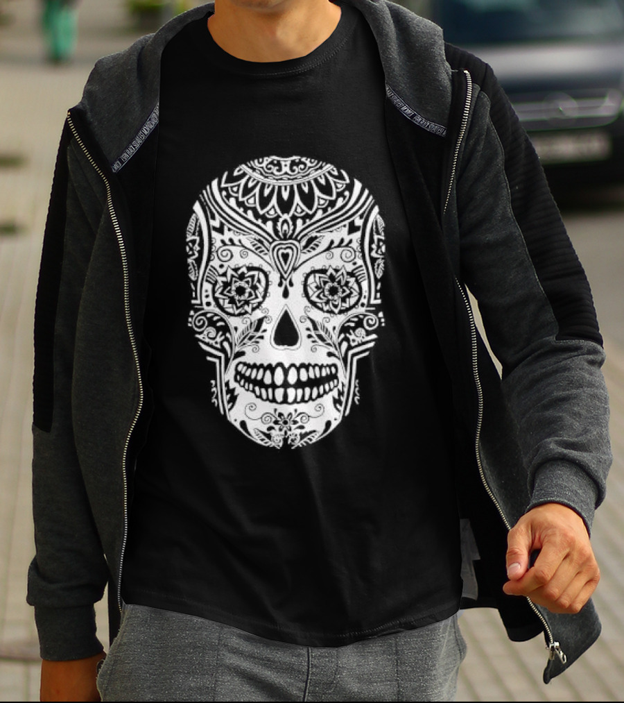 Sugar Skull Artistic Decorative Detailed Black White Intricate Motif T-Shirt