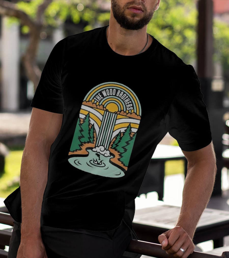 The Wood Brothers Waterfall Nature Scene With Sunburst And River Rapids T-Shirt