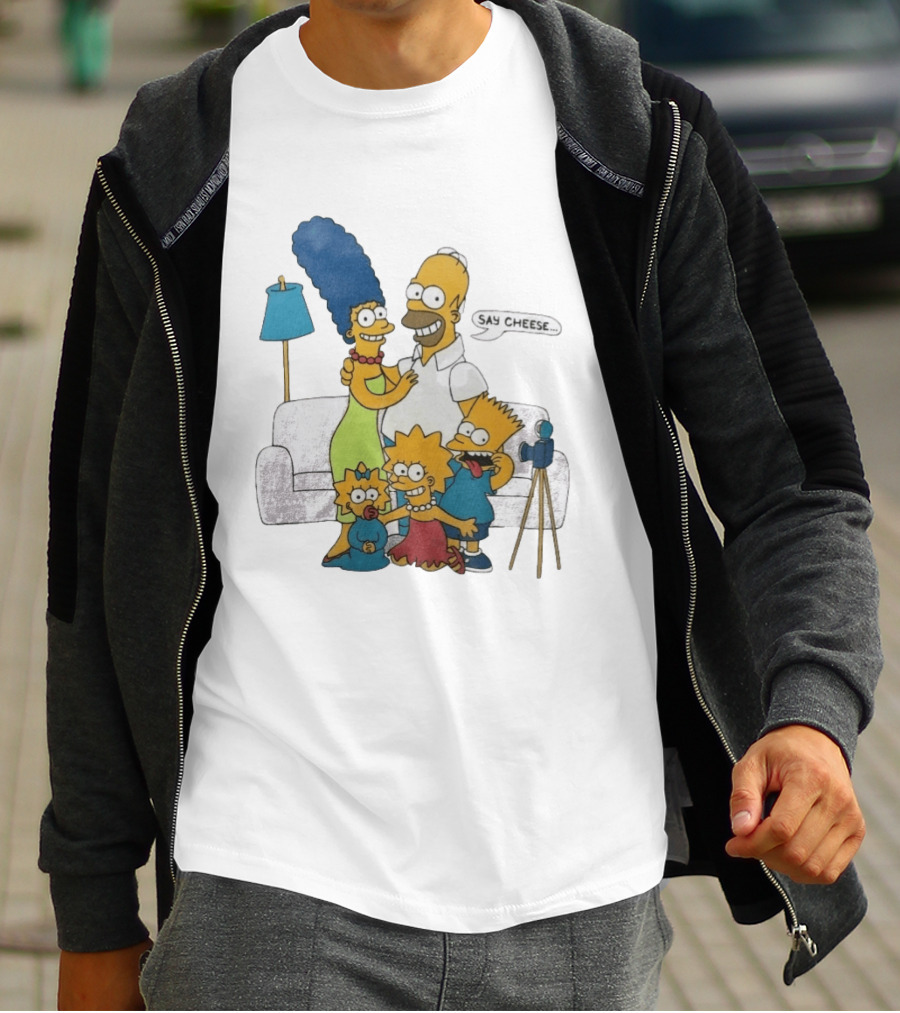 Jayden Daniels Simpsons Family Say Cheese White Couch Scene T-Shirt