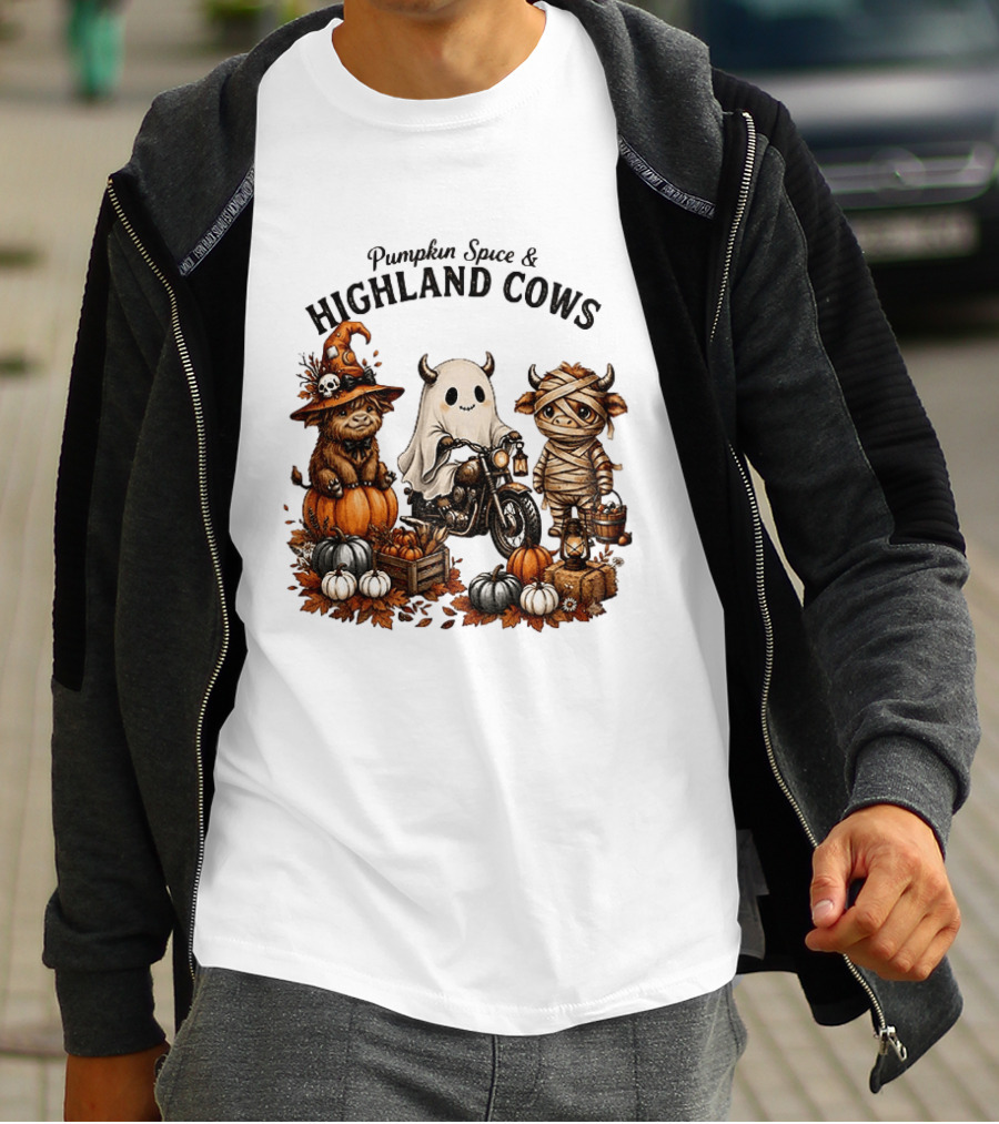 Pumpkin Spice And Highland Cows Halloween Fun T-Shirt